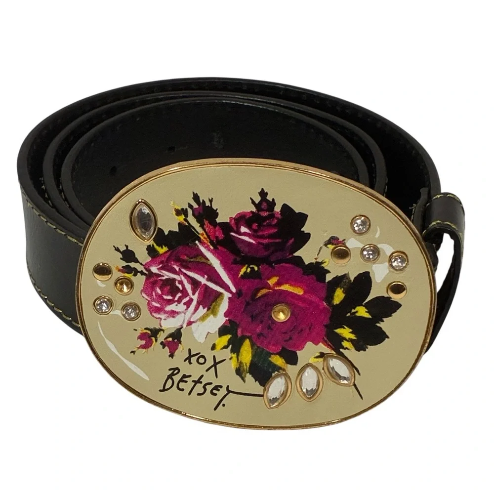 Betsey Johnson Brown‎ Leather Belt Large Floral Buckle Boho Festival Statement